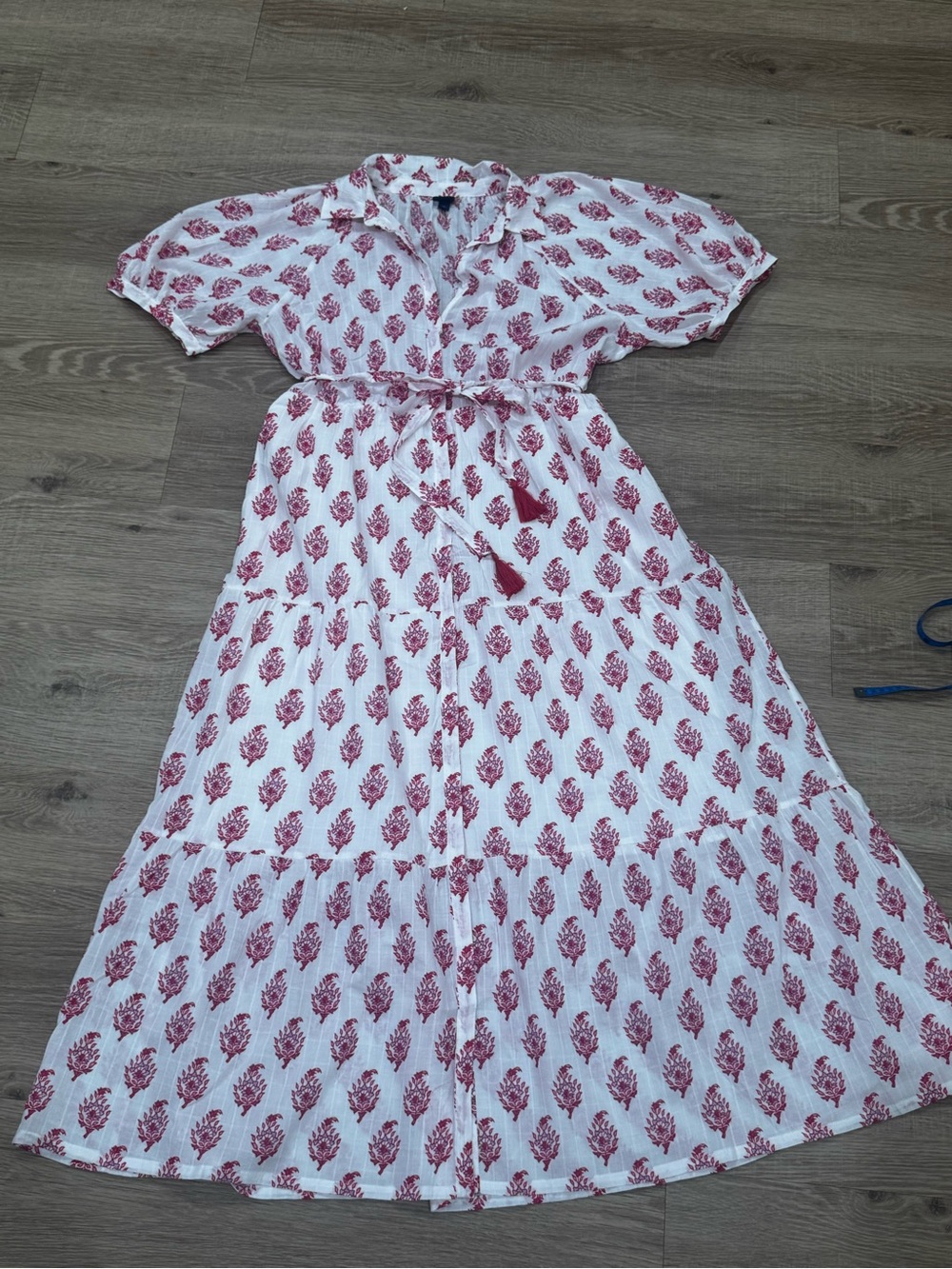 Roller Rabbit Women’s XL White Pink Floral Block Print Maxi Dress Tassel Tie
